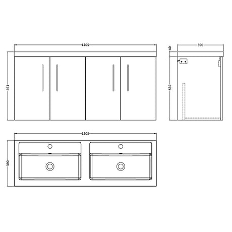 Nuie Arno 1200mm Wall Hung 4 Door Vanity Unit & Double Basin Satin Green ARN823C LD