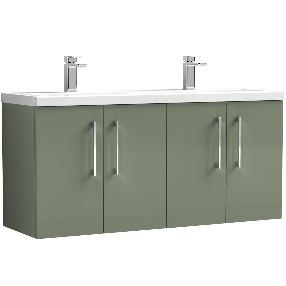 Nuie Arno 1200mm Wall Hung 4 Door Vanity Unit & Double Basin Satin Green ARN823F