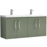 Nuie Arno 1200mm Wall Hung 4 Door Vanity Unit & Double Basin Satin Green ARN823F