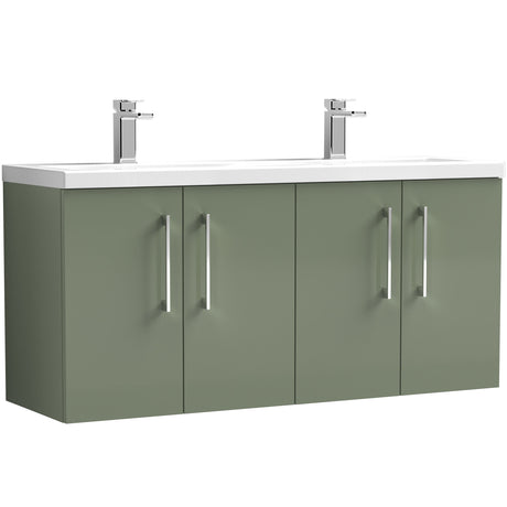 Nuie Arno 1200mm Wall Hung 4 Door Vanity Unit & Double Basin Satin Green ARN823F