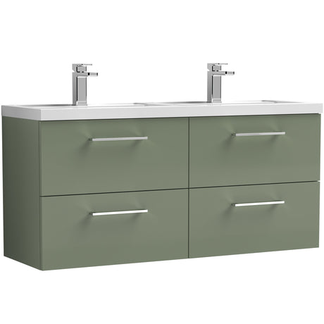 Nuie Arno 1200mm Wall Hung 4 Drawer Vanity Unit & Double Basin Satin Green ARN824C