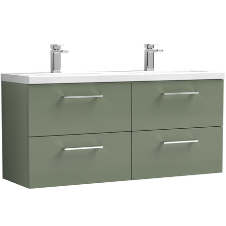 Nuie Arno 1200mm Wall Hung 4 Drawer Vanity Unit & Double Basin Satin Green ARN824F