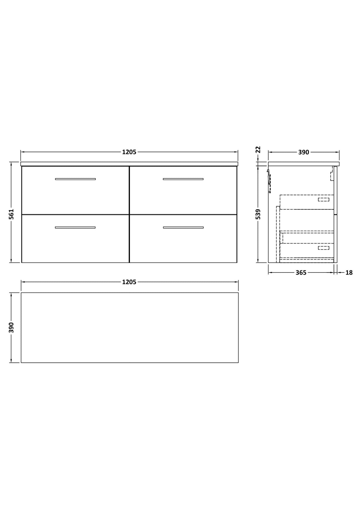 Nuie Arno 1200mm Wall Hung 4 Drawer Countertop Vanity Unit