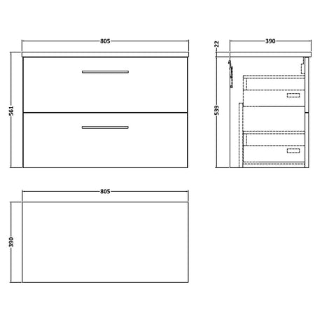 Nuie Arno 800mm Wall Hung 2 Drawer Countertop Vanity Unit Satin Green ARN826LCM LD