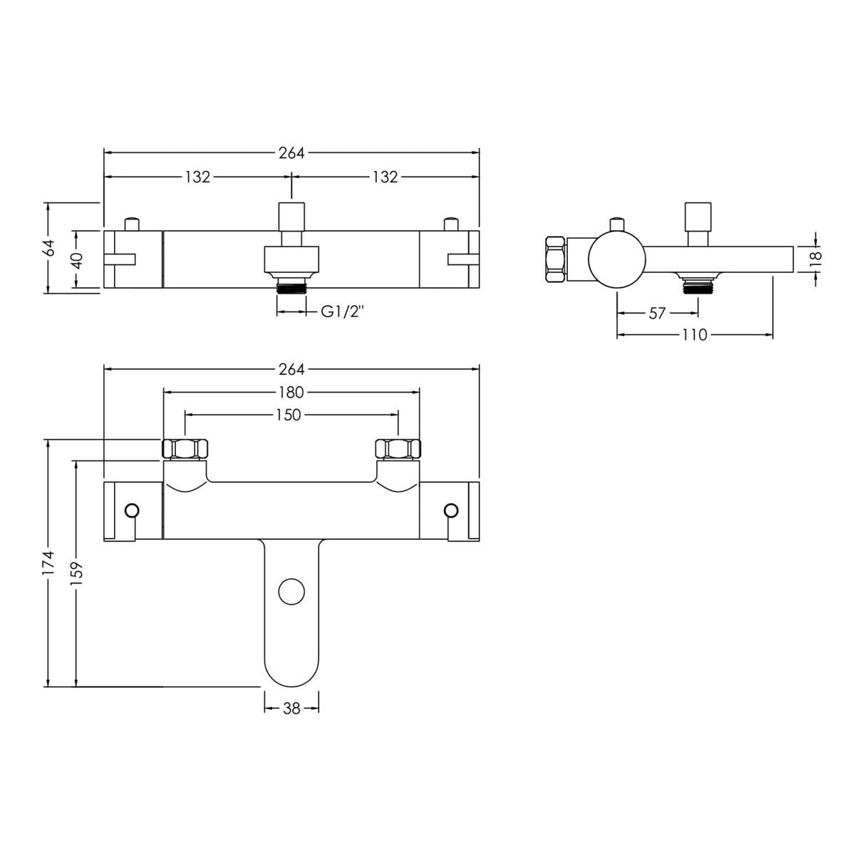 Nuie Arvan Wall Mounted Thermostatic Bath Shower Mixer Tap Chrome ARV005 LD