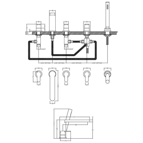 Nuie Arvan 5-Hole Bath Shower Mixer Tap with Shower Kit Chrome ARV314 LD