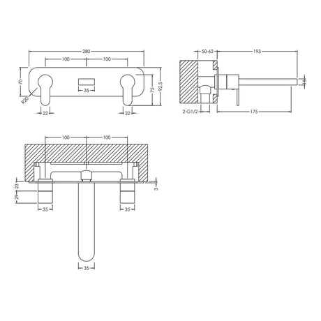 Nuie Arvan 3-Hole Wall Mounted Basin Mixer Tap with Plate Chrome ARV350 LD