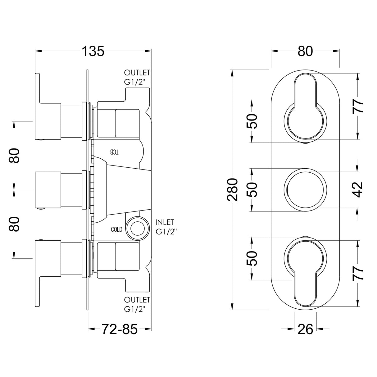 Nuie Arvan 2 Outlet Thermostatic Concealed Shower Valve Chrome ARVTR02 LD
