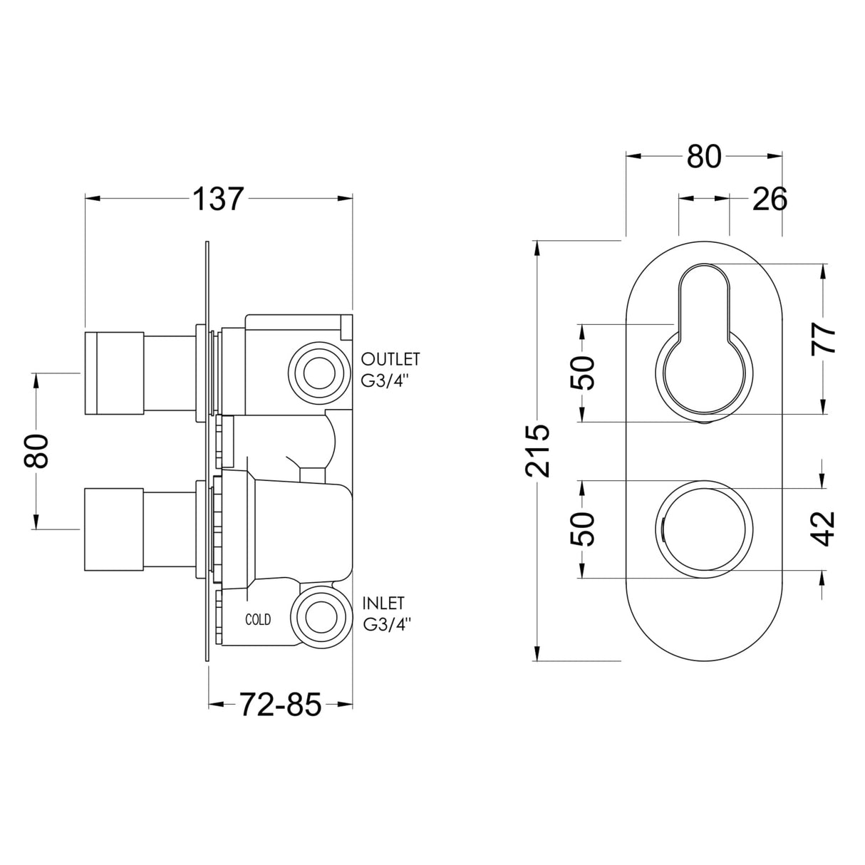 Nuie Arvan 2 Outlet Thermostatic Concealed Shower Valve With Diverter Chrome ARVTW02 LD