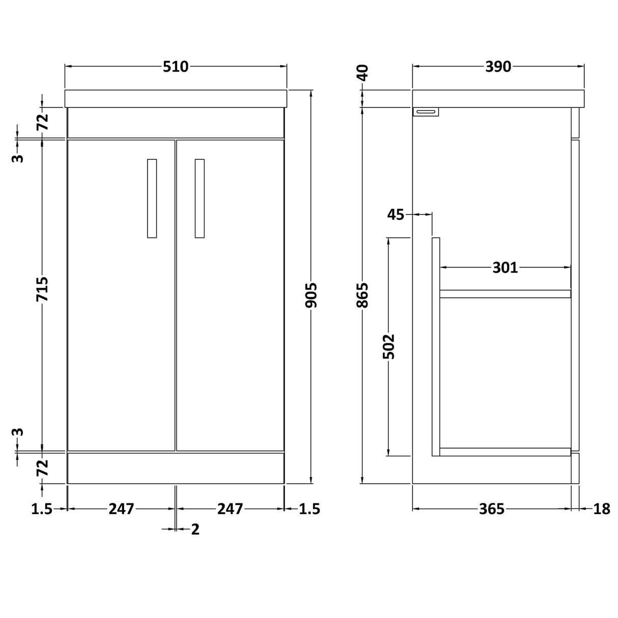 Nuie Athena 500mm Freestanding 2 Door Vanity Unit & Basin Charcoal Black ATH005A LD