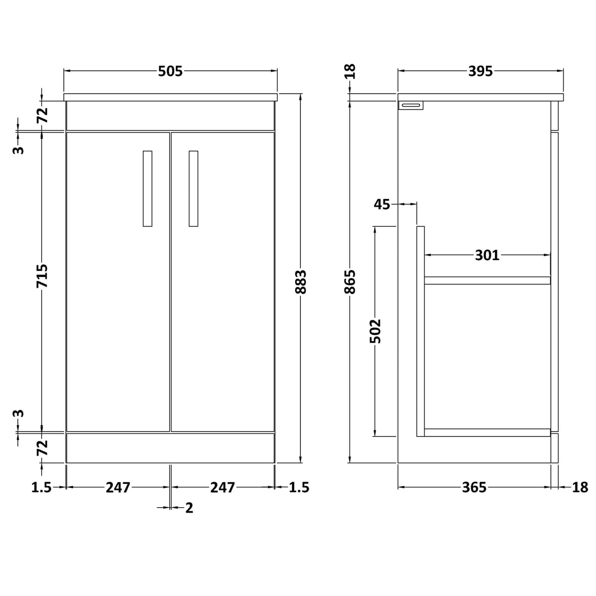 Nuie Athena 500mm Freestanding 2 Door Vanity Unit & Basin Charcoal Black ATH005B LD