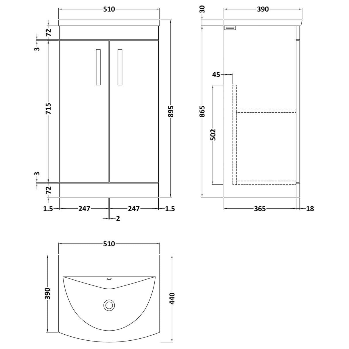 Nuie Athena 500mm Freestanding 2 Door Vanity Unit & Basin Charcoal Black ATH005G LD