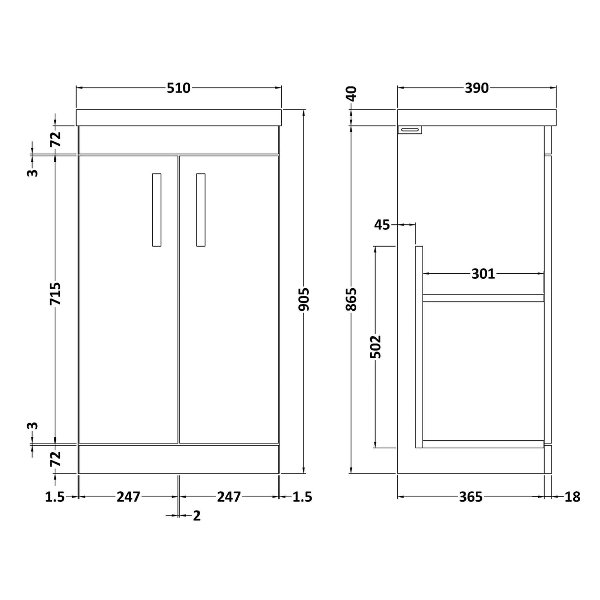 Nuie Athena 500mm Freestanding 2 Door Vanity Unit & Basin Gloss White ATH006A LD