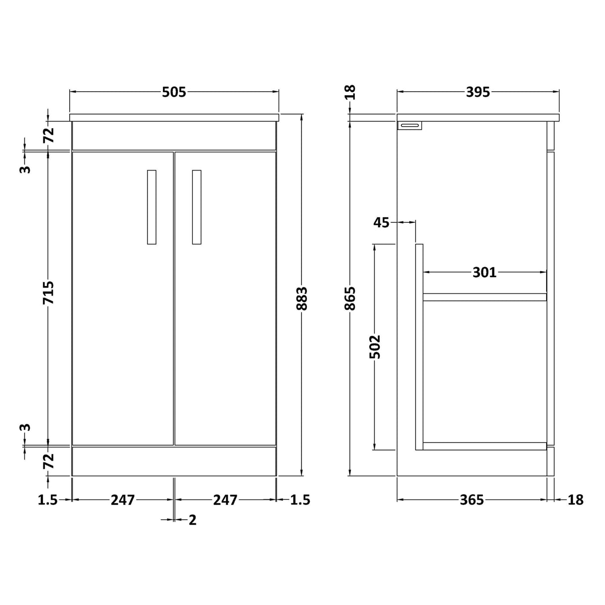 Nuie Athena 500mm Freestanding 2 Door Vanity Unit & Basin Gloss White ATH006B LD