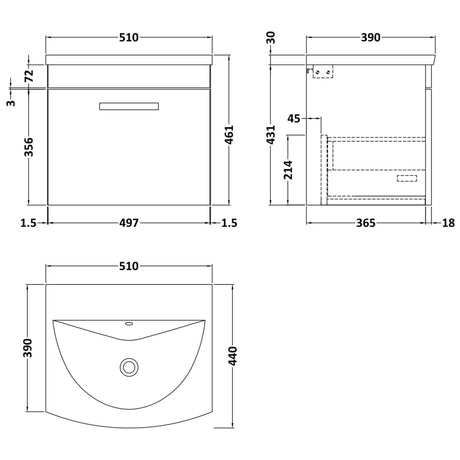 Nuie Athena 500mm Wall Hung 1 Drawer Vanity Unit & Basin Anthracite Woodgrain ATH011G LD
