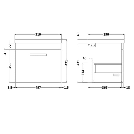 Nuie Athena 500mm Wall Hung 1 Drawer Vanity Unit & Basin Gloss White ATH013A LD
