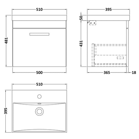 Nuie Athena 500mm Wall Hung 1 Drawer Vanity Unit & Basin Gloss White ATH013D LD