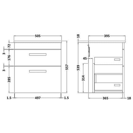 Nuie Athena 500mm Wall Hung 2 Drawer Vanity Unit & Basin Anthracite Woodgrain ATH018B LD