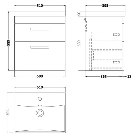 Nuie Athena 500mm Wall Hung 2 Drawer Vanity Unit & Basin Anthracite Woodgrain ATH018D LD