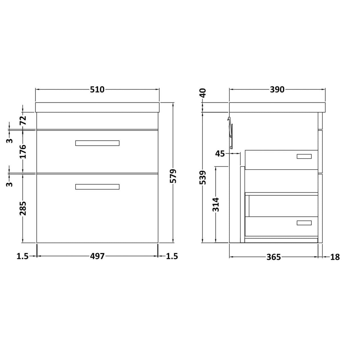 Nuie Athena 500mm Wall Hung 2 Drawer Vanity Unit & Basin Charcoal Black ATH019A LD
