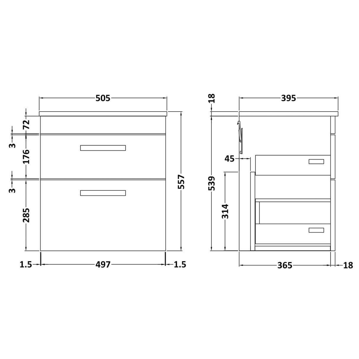 Nuie Athena 500mm Wall Hung 2 Drawer Vanity Unit & Basin Charcoal Black ATH019B LD