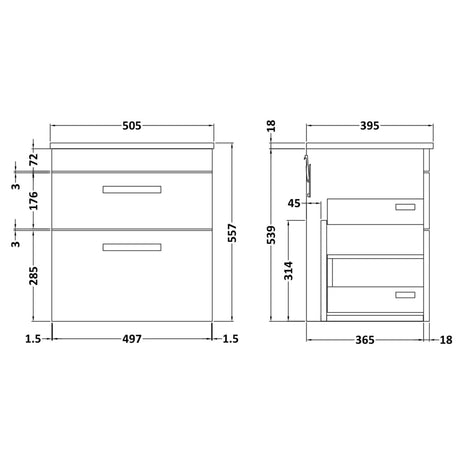 Nuie Athena 500mm Wall Hung 2 Drawer Vanity Unit & Basin Charcoal Black ATH019B LD