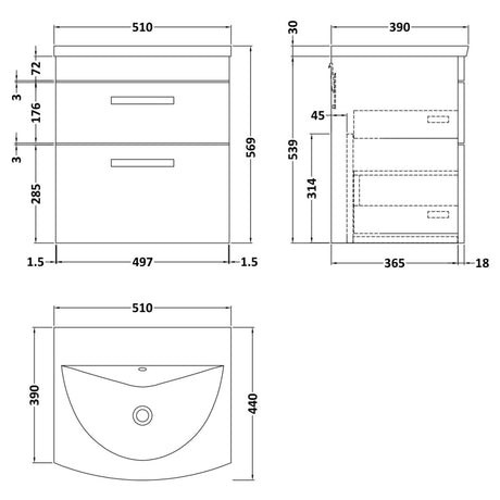 Nuie Athena 500mm Wall Hung 2 Drawer Vanity Unit & Basin Charcoal Black ATH019G LD
