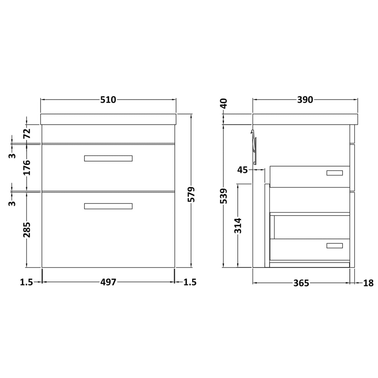Nuie Athena 500mm Wall Hung 2 Drawer Vanity Unit & Basin Gloss White ATH020A LD