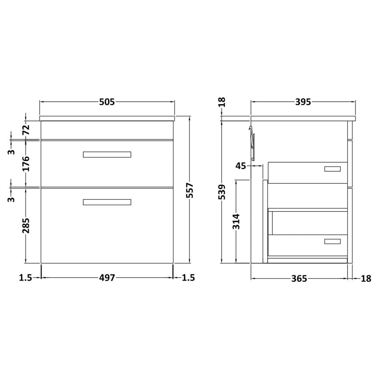 Nuie Athena 500mm Wall Hung 2 Drawer Vanity Unit & Basin Gloss White ATH020B LD