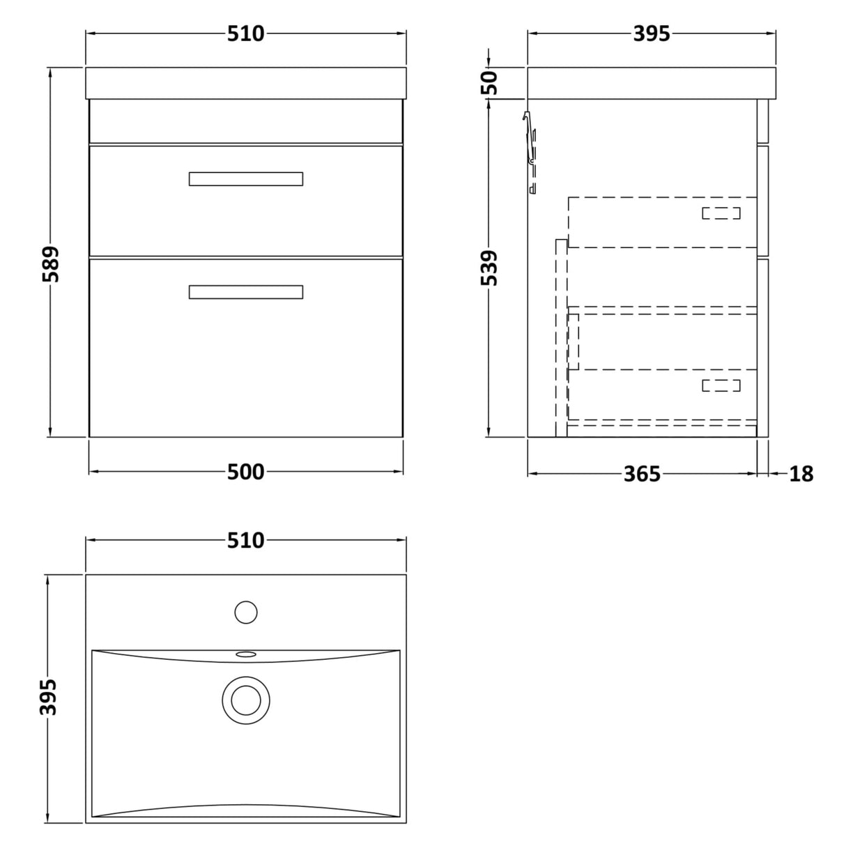 Nuie Athena 500mm Wall Hung 2 Drawer Vanity Unit & Basin Gloss White ATH020D LD