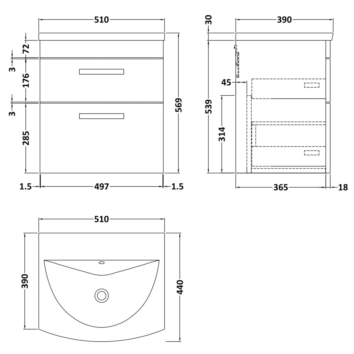 Nuie Athena 500mm Wall Hung 2 Drawer Vanity Unit & Basin Gloss White ATH020G LD