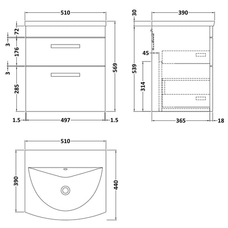 Nuie Athena 500mm Wall Hung 2 Drawer Vanity Unit & Basin Gloss White ATH020G LD