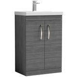 Nuie Athena 600mm Floor Standing 2 Door Vanity Unit & Basin Anthracite Woodgrain ATH025A