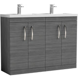 Nuie Athena 1200mm Freestanding Double Basin Vanity Unit & Basin, 4 Doors Anthracite Woodgrain ATH025C