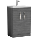 Nuie Athena 600mm Floor Standing 2 Door Vanity Unit & Basin Anthracite Woodgrain ATH025D