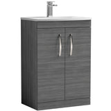 Nuie Athena 600mm Floor Standing 2 Door Vanity Unit & Basin Anthracite Woodgrain ATH025G