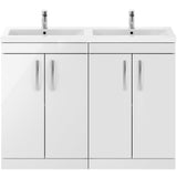 Nuie Athena 1200mm Freestanding Double Basin Vanity Unit & Basin, 4 Doors Gloss White ATH027F