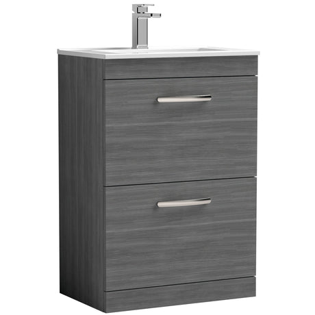Nuie Athena 600mm Freestanding 2 Drawer Vanity Unit & Basin Anthracite Woodgrain ATH032B