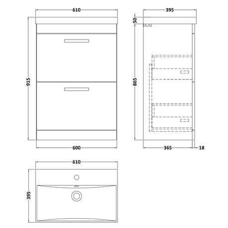 Nuie Athena 600mm Freestanding 2 Drawer Vanity Unit & Basin Anthracite Woodgrain ATH032D LD