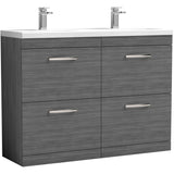 Nuie Athena 1200mm Freestanding Double Basin Vanity Unit & Basin, 4 Drawers Anthracite Woodgrain ATH032F
