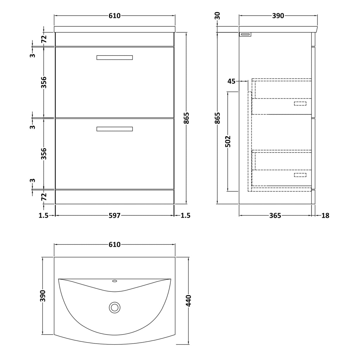 Nuie Athena 600mm Freestanding 2 Drawer Vanity Unit & Basin Anthracite Woodgrain ATH032G LD