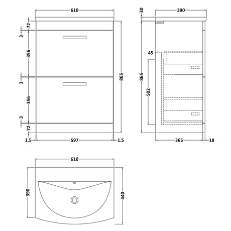 Nuie Athena 600mm Freestanding 2 Drawer Vanity Unit & Basin Anthracite Woodgrain ATH032G LD
