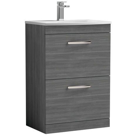 Nuie Athena 600mm Freestanding 2 Drawer Vanity Unit & Basin Anthracite Woodgrain ATH032G