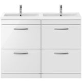 Nuie Athena 1200mm Freestanding Double Basin Vanity Unit & Basin, 4 Drawers Gloss White ATH034F