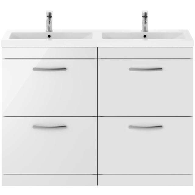 Nuie Athena 1200mm Freestanding Double Basin Vanity Unit & Basin, 4 Drawers Gloss White ATH034F