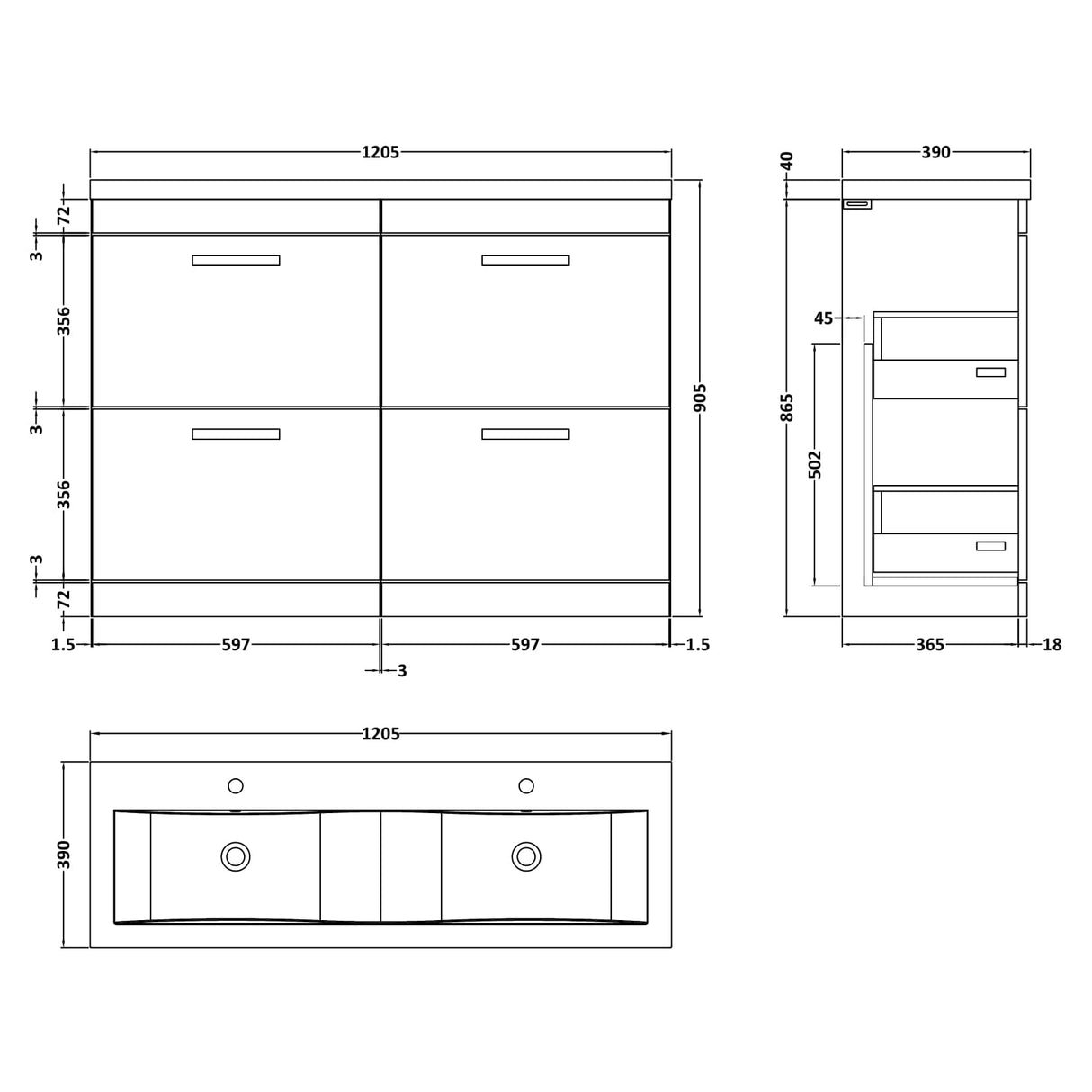 Nuie Athena 1200mm Freestanding Double Basin Vanity Unit & Basin, 4 Drawers Gloss White ATH034F LD
