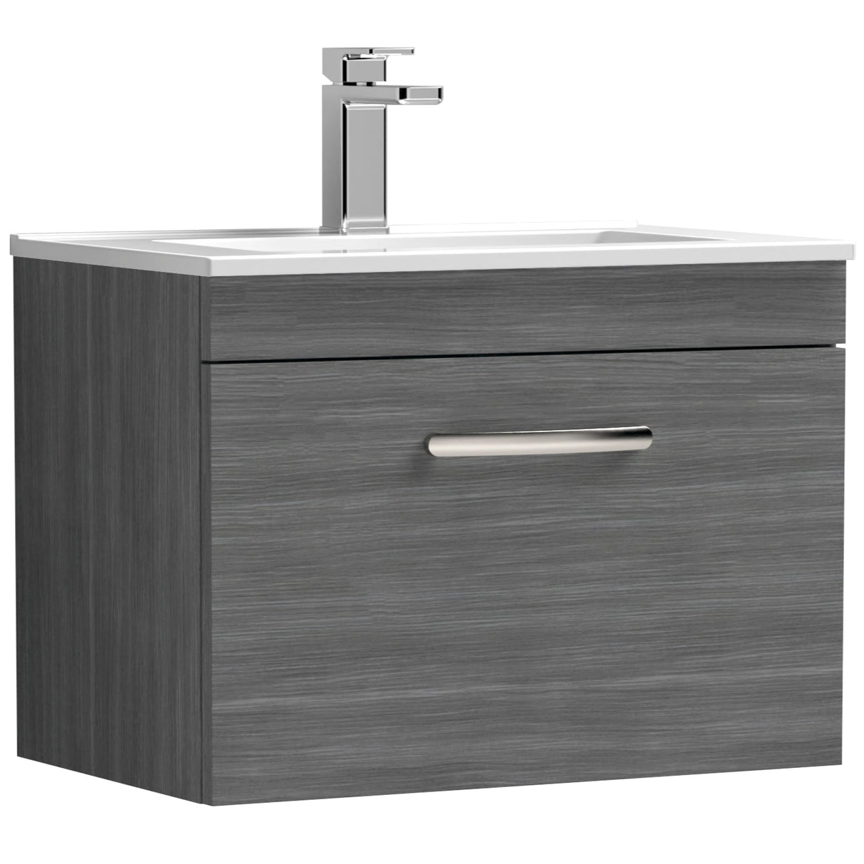 Nuie Athena 600mm Wall Hung 1 Drawer Vanity Unit & Basin Anthracite Woodgrain ATH039B