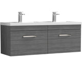 Nuie Athena 1200mm Wall Hung Double Basin Vanity Unit & Basin, 2 Drawers Anthracite Woodgrain ATH039C