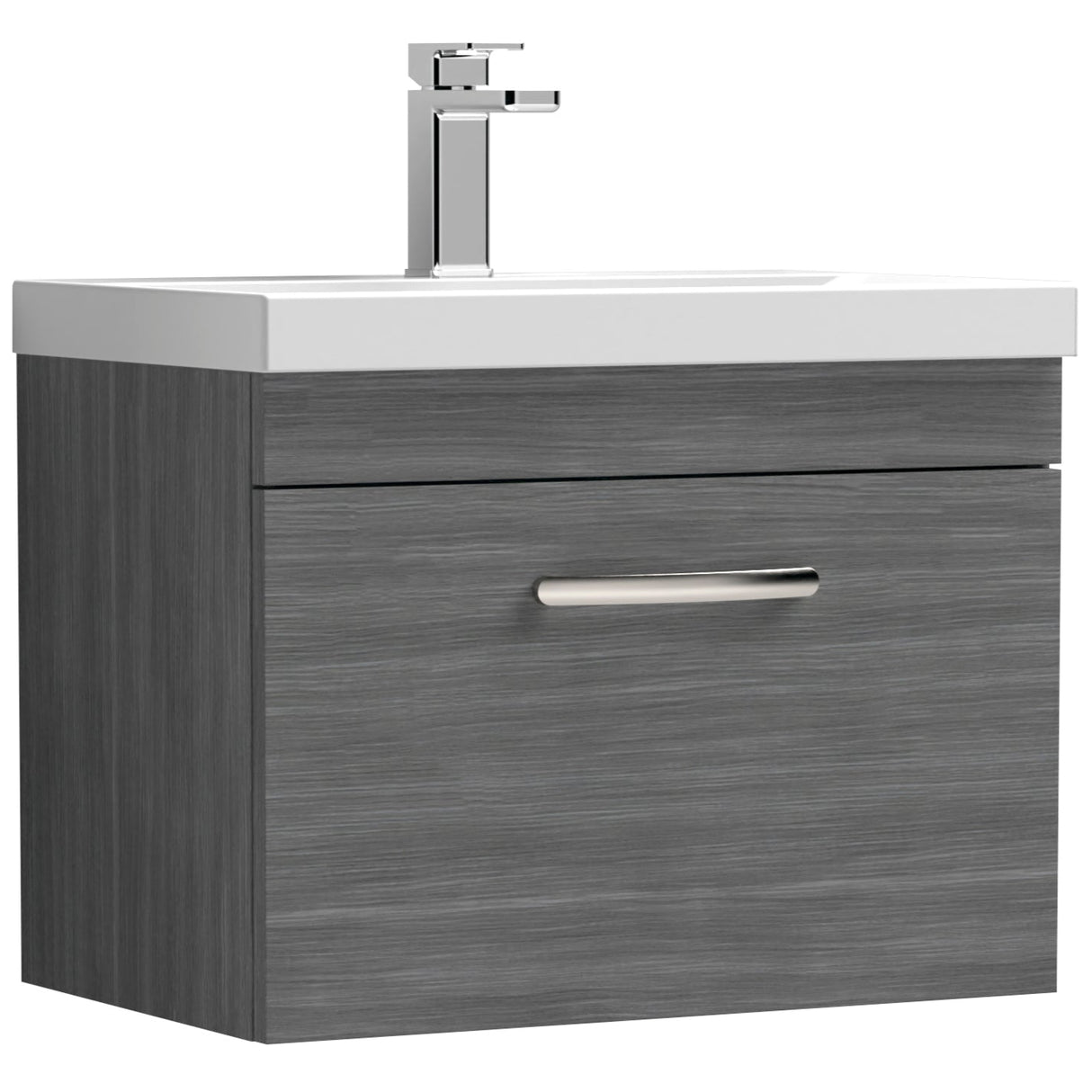 Nuie Athena 600mm Wall Hung 1 Drawer Vanity Unit & Basin Anthracite Woodgrain ATH039D