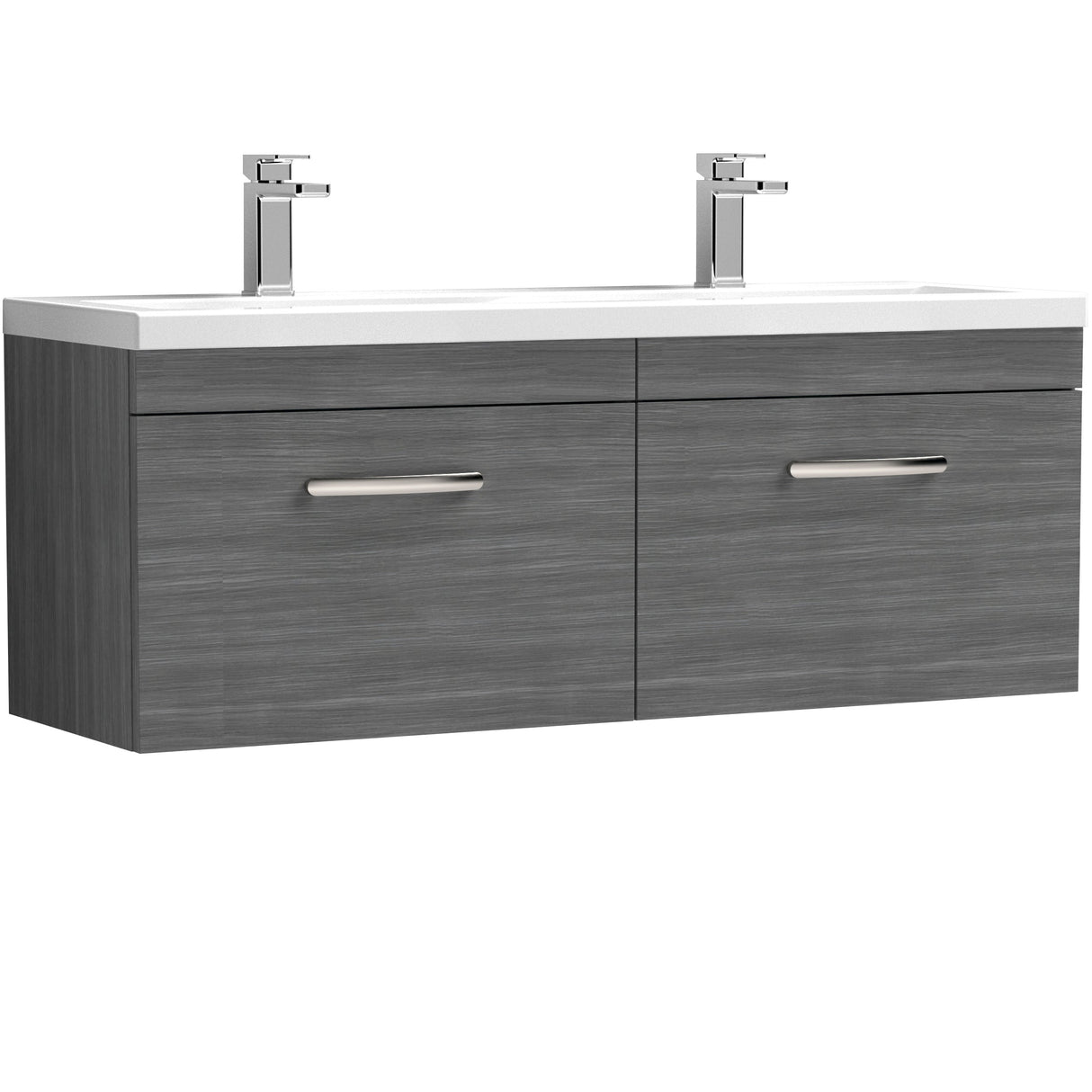 Nuie Athena 1200mm Wall Hung Double Basin Vanity Unit & Basin, 2 Drawers Anthracite Woodgrain ATH039F